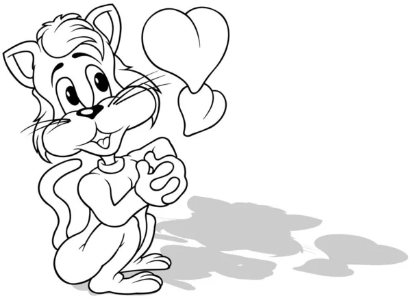 Zeichnung Eines Amorösen Kätzchens Mit Zwei Herzen Cartoon Illustration Auf — Stockvektor