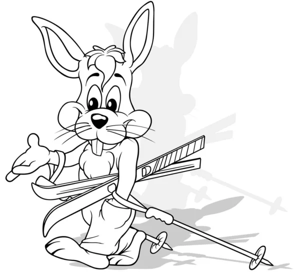 Dibujo Conejo Que Lleva Esquís Invierno Bajo Brazo Ilustración Dibujos — Vector de stock