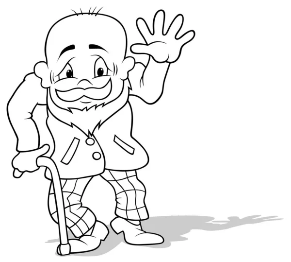 Рисунок Дедушки Размахивающего Рукой Опирающегося Палку Карикатура Изолированная Белом Фоне — стоковый вектор