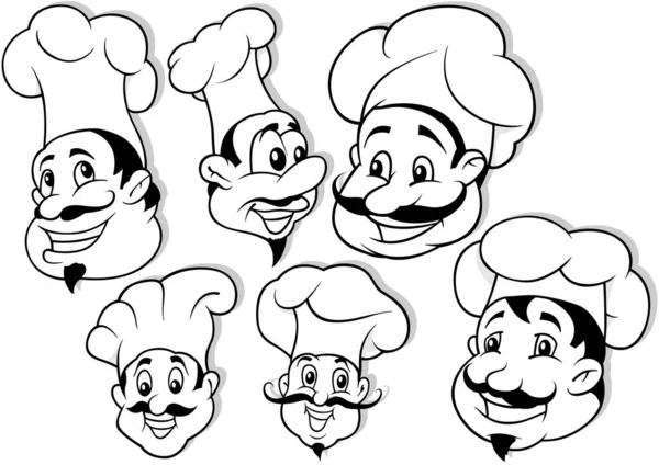 Disegno Set Sei Teste Cuoco Sorridente Illustrazioni Dei Cartoni Animati — Vettoriale Stock