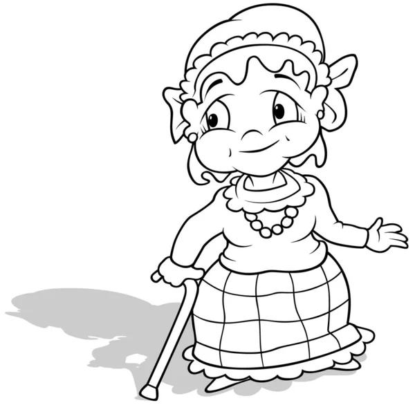 Disegno Una Nonna Con Una Canna Mano Illustrazione Del Fumetto — Vettoriale Stock