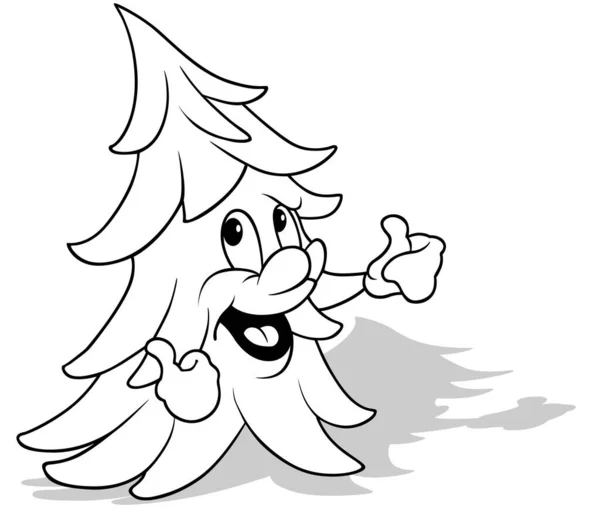 Kresba Roztomilého Jehličnatého Stromu Palcem Nahoru Karikatura Ilustrace Izolované Bílém — Stockový vektor