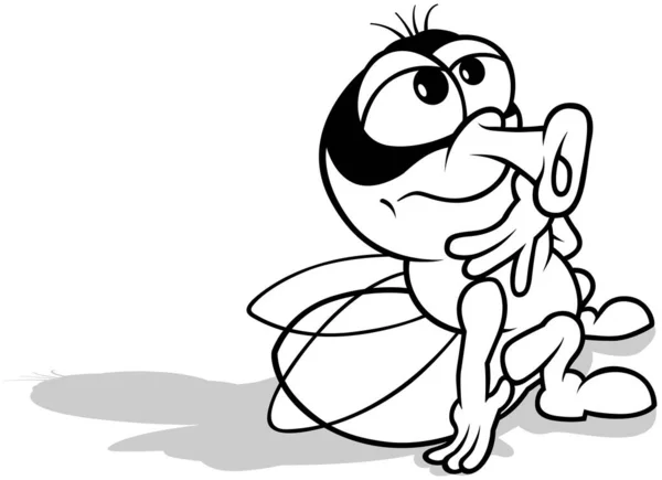 Zeichnung Einer Sitzenden Stubenfliege Mit Nachdenklichem Ausdruck Cartoon Illustration Auf — Stockvektor