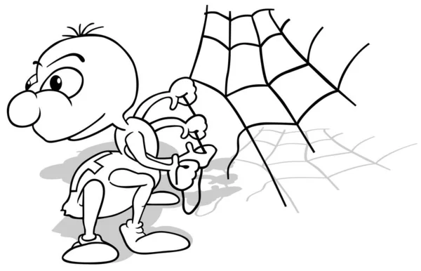 Σχέδιο Ενός Χαριτωμένο Spider Making Spider Web Εικονογράφηση Κινουμένων Σχεδίων — Διανυσματικό Αρχείο