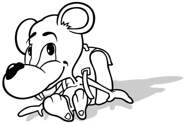 Drawing Mouse School Bag Its Back Sitting Ground Cartoon Illustration — стоковий вектор