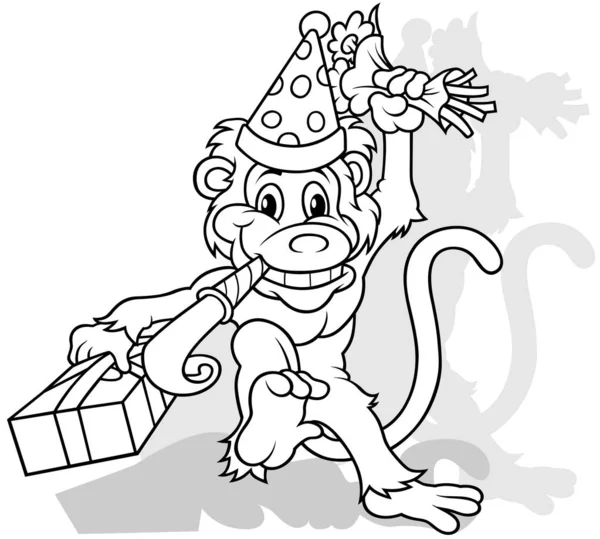 Zeichnung Eines Affen Mit Geschenk Der Hand Und Strauß Cartoon — Stockvektor