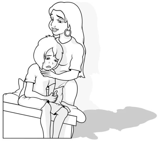 Zeichnung Einer Mutter Die Einen Traurigen Kleinen Jungen Tröstet Karikatur — Stockvektor