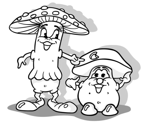Gambar Toadstool Dan Boletus Seperti Pasangan Jamur Ilustrasi Kartun Terisolasi - Stok Vektor
