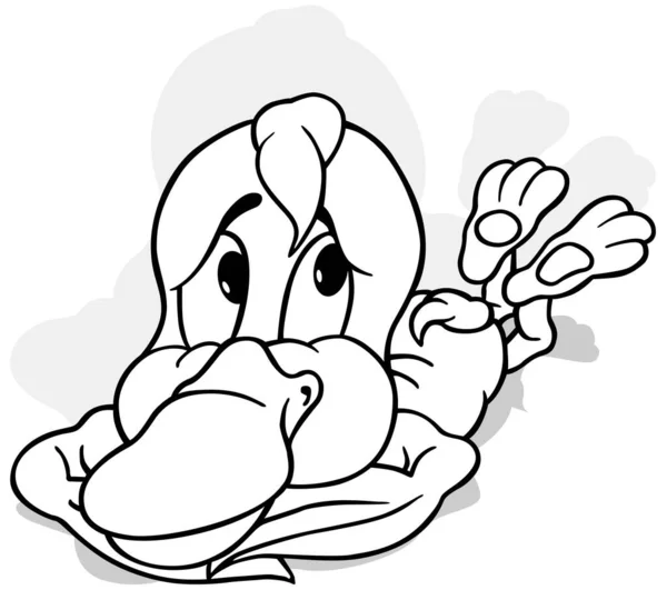 Drawing Duckling Lying Its Stomach Ground Cartoon Illustration Isolated White — Stock Vector