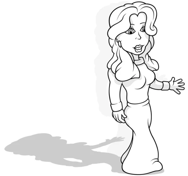 Dibujo Una Mujer Pelo Largo Suéter Falda Ilustración Dibujos Animados — Archivo Imágenes Vectoriales