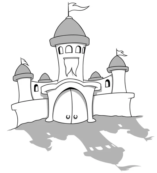 3つの塔を持つおとぎ話の城の図面 漫画のイラスト白地に隔離された ベクトル — ストックベクタ