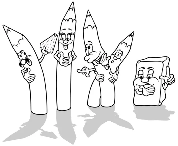 Drawing Group Crayons Eraser Cartoon Illustration Isolated White Background Vector — стоковий вектор