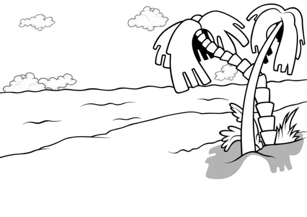 Kresba Písečné Pláže Palmami Moře Cartoon Illustration Izolovaný Bílém Pozadí — Stockový vektor