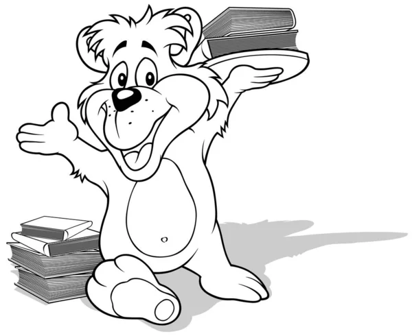 Kresba Usmívajícího Medvídka Knihami Podnose Cartoon Illustration Isolated White Background — Stockový vektor