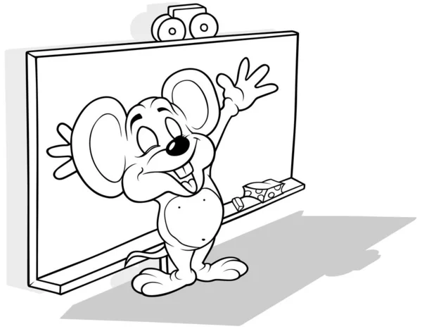 学校の前に立つ陽気なマウスの絵を描く Blackboardヘルプ 漫画のイラストは白い背景に隔離されています — ストックベクタ