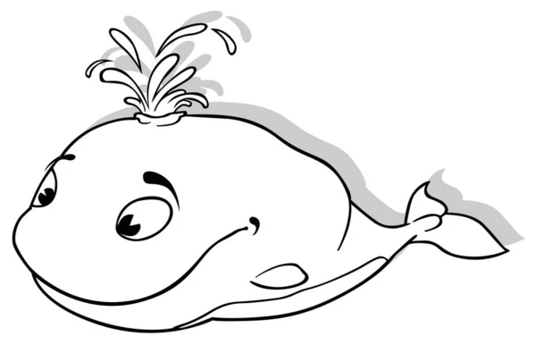 Zeichnung Eines Wals Mit Einer Wasserfontäne Auf Dem Kopf Karikatur — Stockvektor