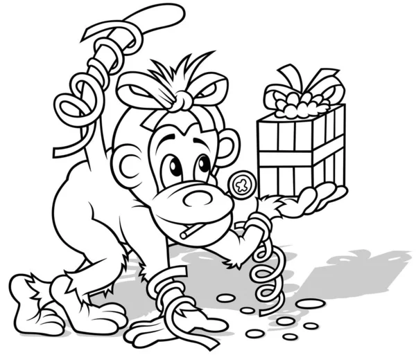 Kresba Opice Lukem Hlavě Dárkem Tlapě Při Oslavě Kreslený Ilustrace — Stockový vektor