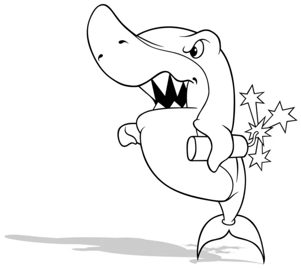 Drawing Angry Shark Dynamite Its Fin Cartoon Illustration Isolated White — стоковий вектор