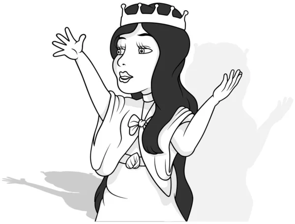Desenho Uma Rainha Cabelos Pretos Vestido Com Mãos Levantadas Ilustração — Vetor de Stock