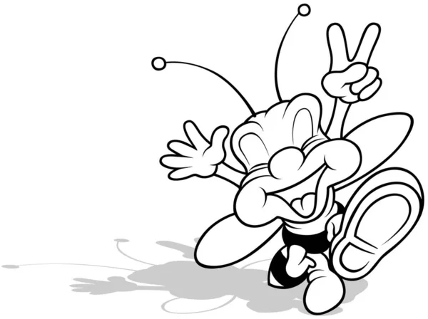 Drawing Laughing Bee Hands Showing Victory Cartoon Illustration Isolated White — стоковий вектор