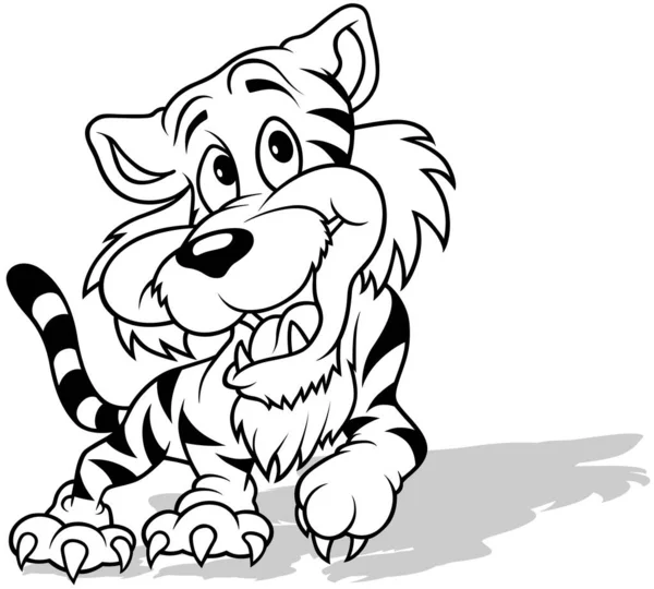 Rysunek Uśmiechniętego Tygrysa Podniesioną Łapą Ilustracja Kreskówki Izolowana Białym Tle — Wektor stockowy