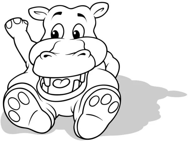 Rysunek Uśmiechniętego Hipopotama Siedzącego Ziemi Ilustracja Kreskówki Izolowana Białym Tle — Wektor stockowy