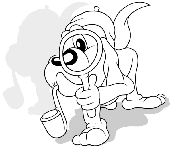 Drawing Doggy Pipe Magnifying Glass His Paw Cartoon Illustration Isolated — стоковий вектор
