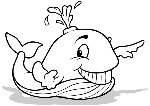 Disegno Una Balena Felice Con Grande Sorriso Illustrazione Cartone Animato — Vettoriale Stock