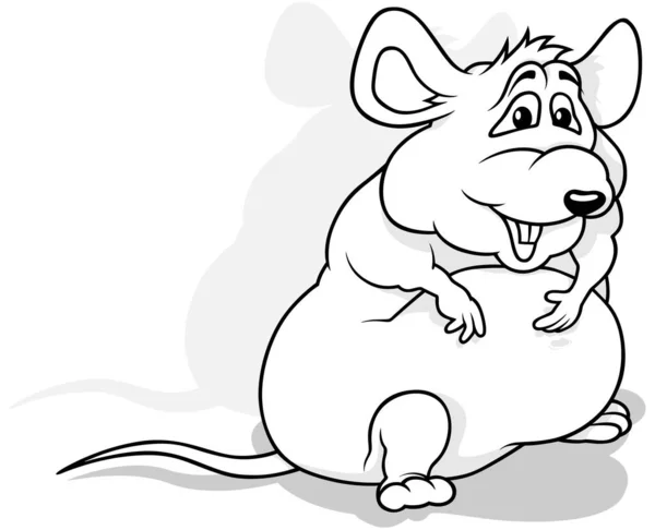 Drawing Funny Fat Mouse Sitting Ground Cartoon Illustration Isolated White — Stock Vector
