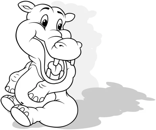 Dibujo Hipopótamo Sonriente Sentado Suelo Con Cabeza Vuelta Ilustración Dibujos — Vector de stock