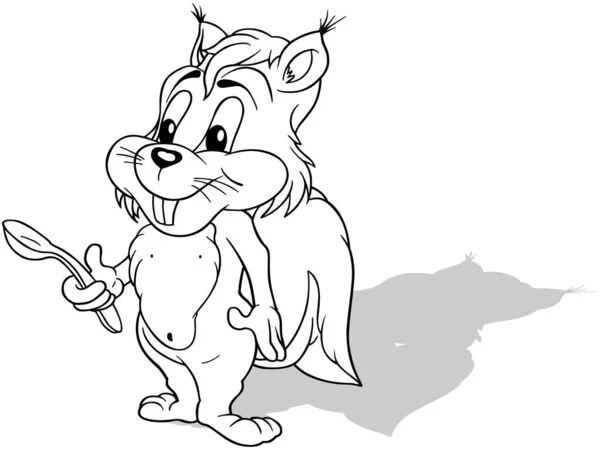 Zeichnung Eines Niedlichen Eichhörnchens Mit Einem Löffel Der Pfote Cartoon — Stockvektor