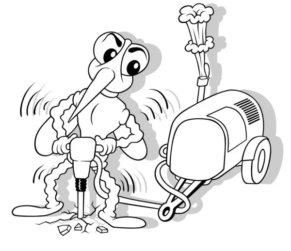 Zeichnung Einer Mücke Mit Presslufthammer Und Kompressor Cartoon Illustration Auf — Stockvektor