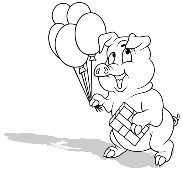 Zeichnung Eines Schweinchens Mit Geschenk Und Party Luftballons Karikatur Auf — Stockvektor