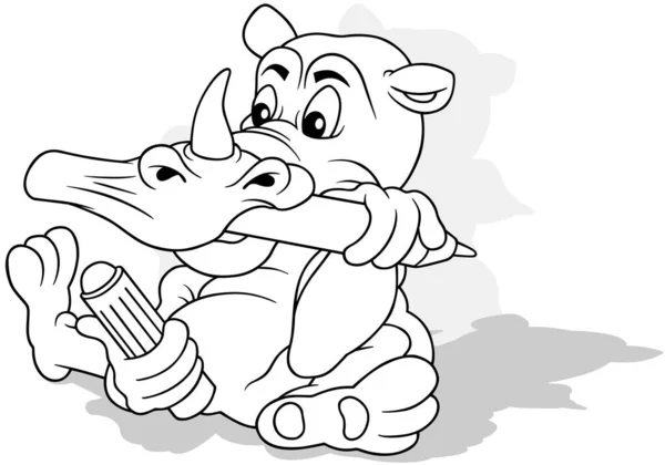 Zeichnung Eines Nashorns Mit Marker Sitzt Auf Dem Boden Cartoon — Stockvektor