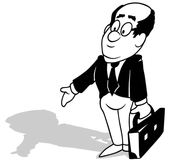 手头上有一个手提箱的黑色西装职员的画像 以白色背景为背景的卡通画 — 图库矢量图片