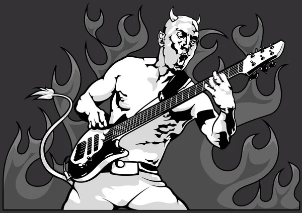 Rajz Egy Ördög Gitáros Lángok Háttérben Fekete Fehér Illusztráció Elszigetelt — Stock Vector