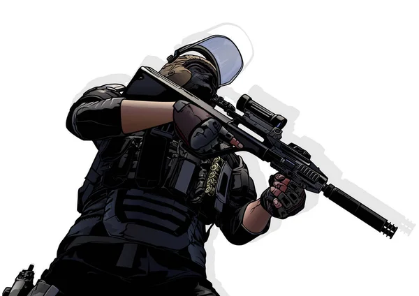 Miembro Una Policía Especial Unidad Intervención Militar Ilustración Color Aislada — Vector de stock