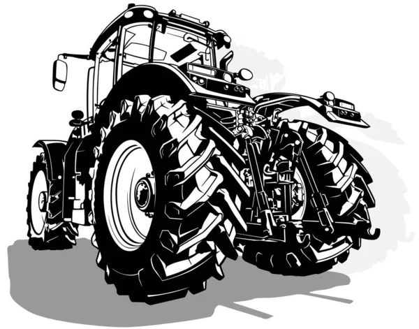 Dessin Tracteur Agricole Vue Arrière Illustration Noire Isolée Sur Fond — Image vectorielle