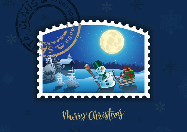Rekreační Blahopřání Vánoční Poštovní Známkou Abstraktní Ilustrace Modrém Pozadí Vektor — Stockový vektor