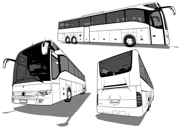 Conjunto Dibujos Autobús Interurbano Desde Tres Puntos Vista Ilustraciones Aisladas — Vector de stock