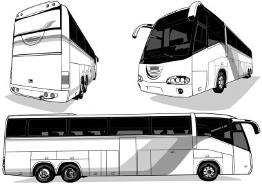 Set of Drawings of a Intercity Bus from Three Views - Isolated Black and White Illustrations, Vector clipart