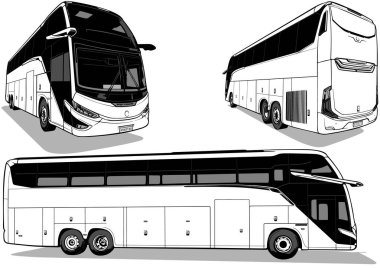 Üç Bakış Amaçlı Şehirlerarası Otobüsün Çizimleri - İzole Siyah ve Beyaz Çizimler, Vektör
