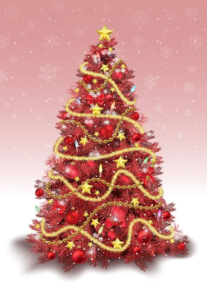 stock vector Decorated Christmas Tree in Red Colored Tones with Background with Falling Snow - Detailed Illustration for Your Merry Christmas Greeting, Vector