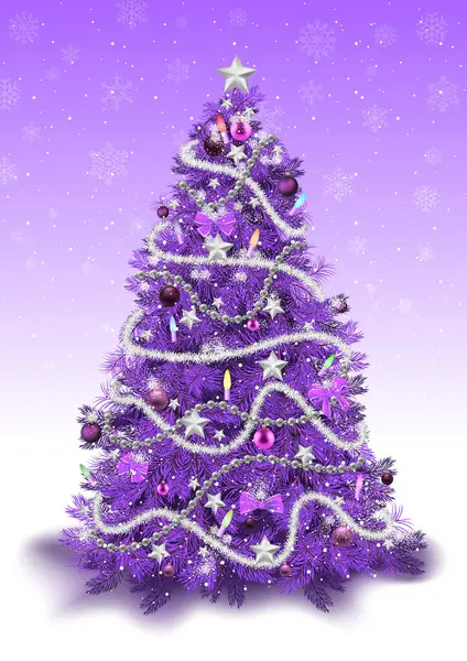 Decorated Christmas Tree Purple Colored Tones Background Falling Snow Detailed — Stock Vector