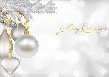 Gümüş Noel Süslü Noel Kartı Gümüş Kozalaklı bir dalda asılı - Gümüş Bokeh Efektli Arka plan, Vektör İllüzyonu