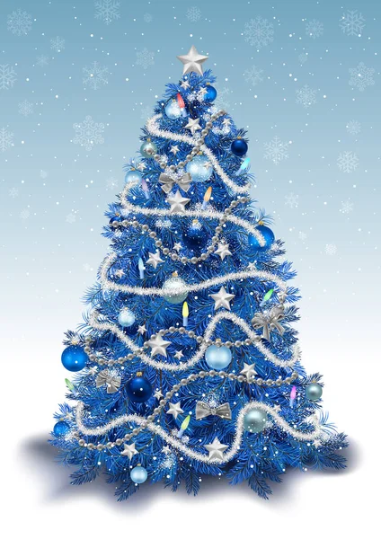 Decorated Christmas Tree Blue Colored Tones Background Falling Snow Detailed — Stock Vector