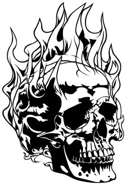 Drawing of Human Skull with Flames - Black and White Illustration as a Source Image for Your Graphic Designs, Vector clipart