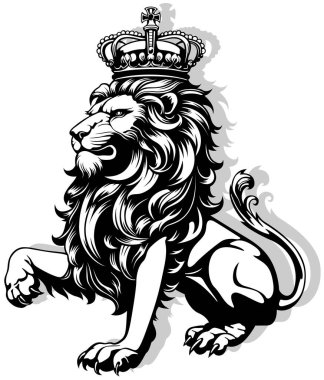 Kafasında kraliyet tacı olan kraliyet mensubu bir aslanın çizimi - Beyaz Arkaplanda izole edilmiş siyah ve beyaz tasviri, Vektör