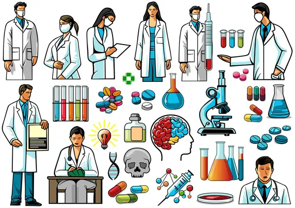Set Gekleurde Pictogrammen Voor Farmaceutische Farmaceutische Industrie Gekleurde Illustratie Voor — Stockvector