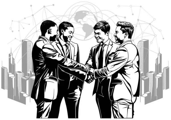 Kereskedők Rázza Kezét Zárja Globális Kereskedelem Együttműködés Fekete Fehér Illusztráció Jogdíjmentes Stock Illusztrációk